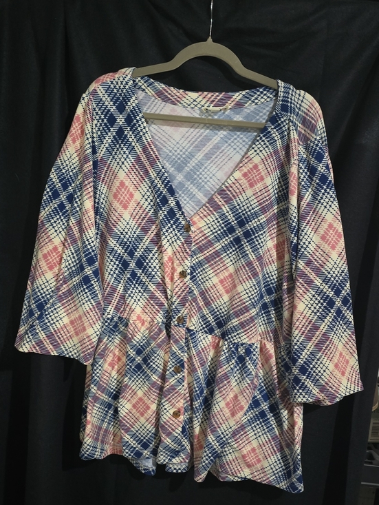 indigo Rose Tops - Plaid V-Neck Button-Front Peplum Blouse - Blue & Pink